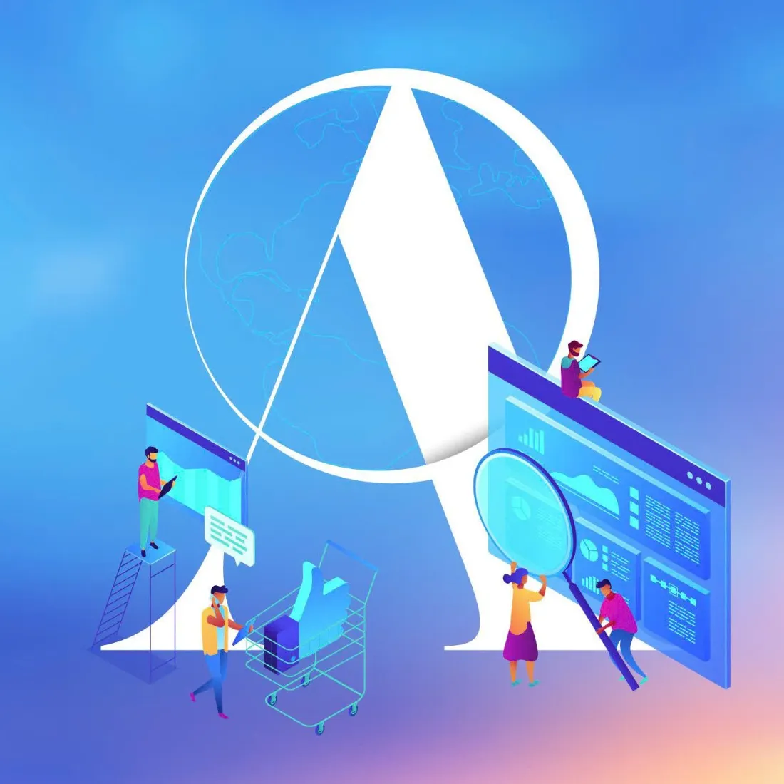 Chữ A của AnLam lồng quả địa cầu, xung quanh là đội marketing đang phân tích dữ liệu